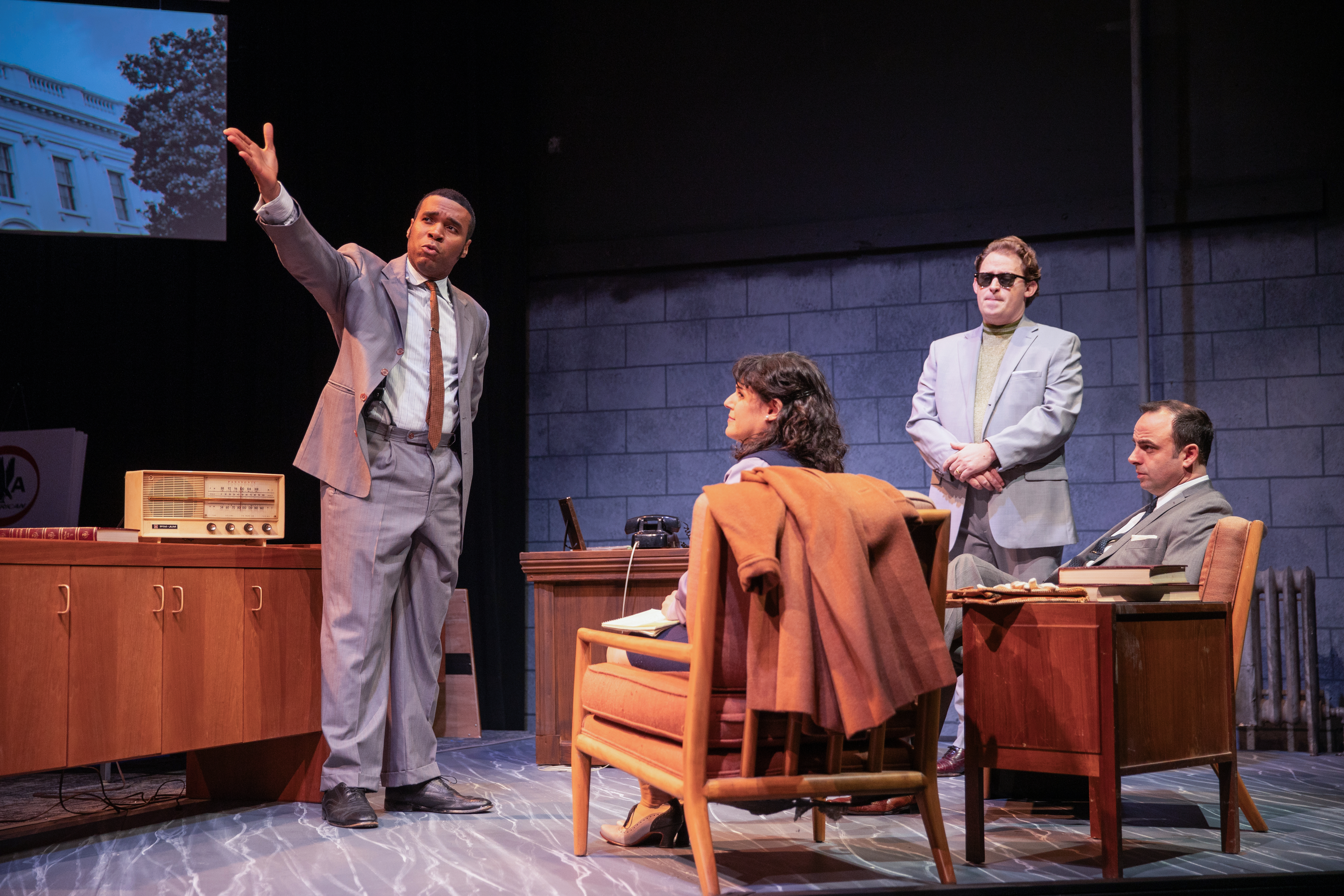 Clifford Lewis (Terrance Austin Smith*), Louise Brown (Roneet Aliza Rahamim), Aaron Ehrlich (Keenan Murphy Flagg) and Sid Myers (George Psarras*) discuss ads in the Regional Premiere ?Daisy? at Hillba