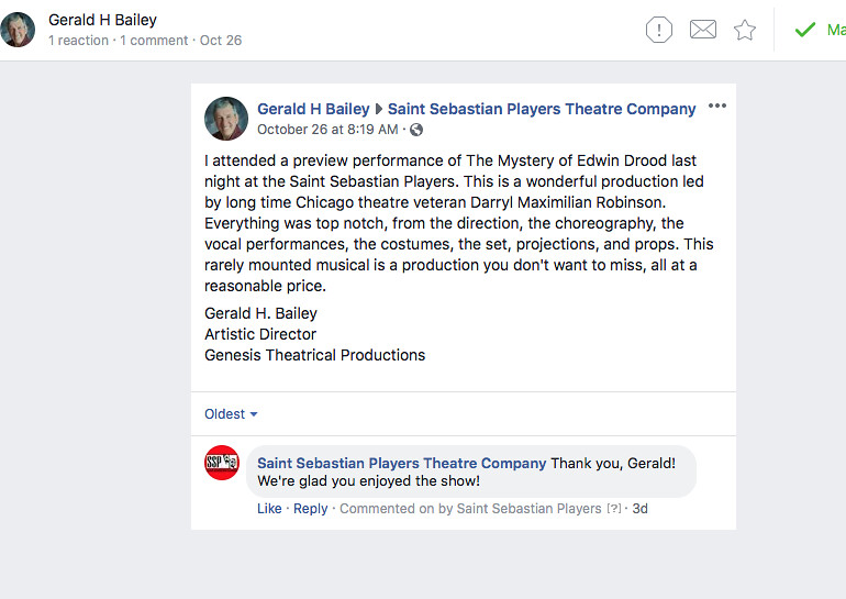 A Director Gives Positive Notes: Oct. 26, 2018 Facebook Page Comment by Theatre Director Gerald H. Bailey on Darryl Maximilian Robinson and the St. Sebastian Players revival of Drood.