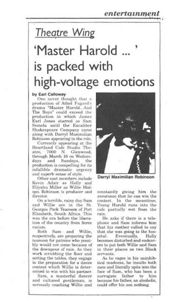A Stylish Review: March 5. 1997 Chicago Defender notice of Director Darryl Maximilian Robinson as Sam Semela in Master Harold And The Boys by Athol Fugard at The Heartland Cafe Studio Theatre.