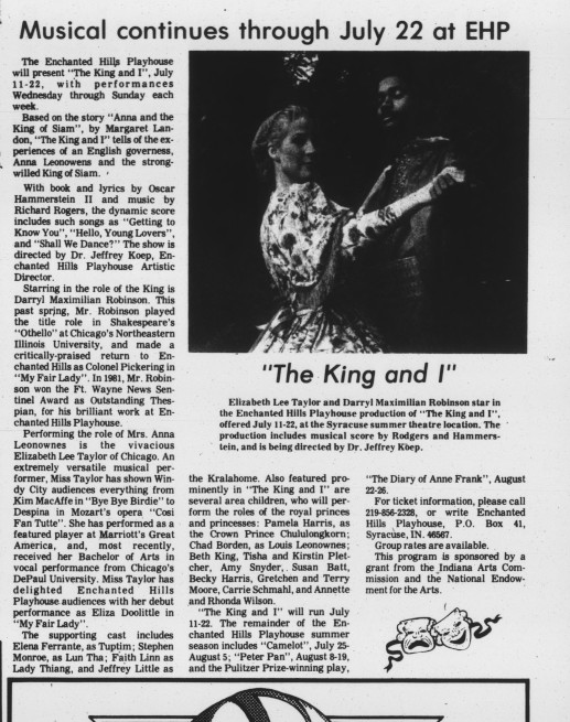 Shall We Dance?: Press Story on Darryl Maximilian Robinson as The King and Elizabeth Lee Taylor as Mrs. Anna in the 1984 Enchanted Hills Playhouse revival of Rodgers and Hammersteins The King and I.