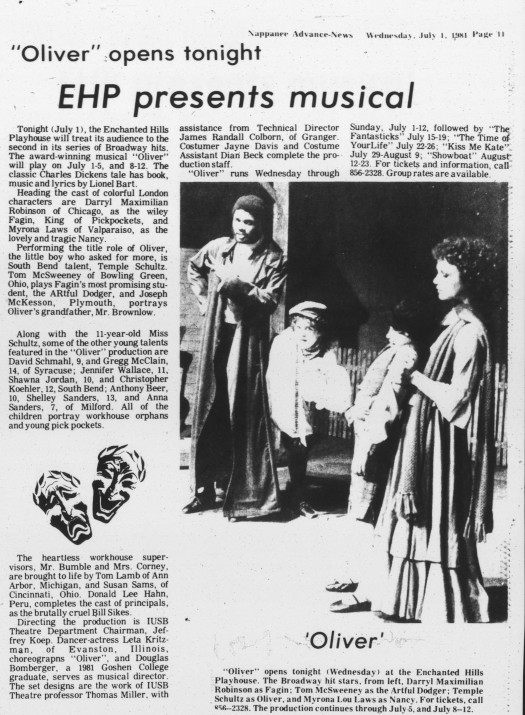 Playing In Lionel Bart: July 1, 1981 Nappanee Advance-Leader Press Story on Darryl Maximilian Robinson as Fagin in the Enchanted Hills Playhouse of Syracuse, Indiana revival of the musical Oliver!