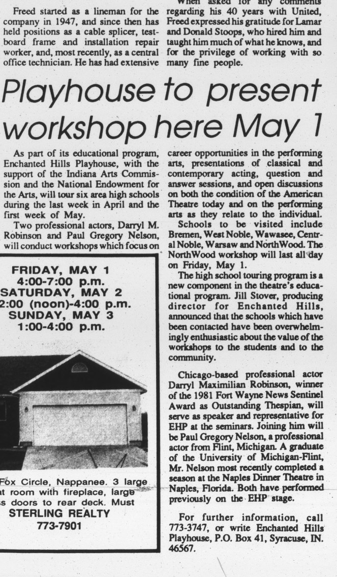 Talking About The EHP: April 1987 Press Story on Darryl Maximilian Robinson as A Performing Spokesman on tour of local northern Indiana high schools on behalf of The Enchanted Hills Playhouse.