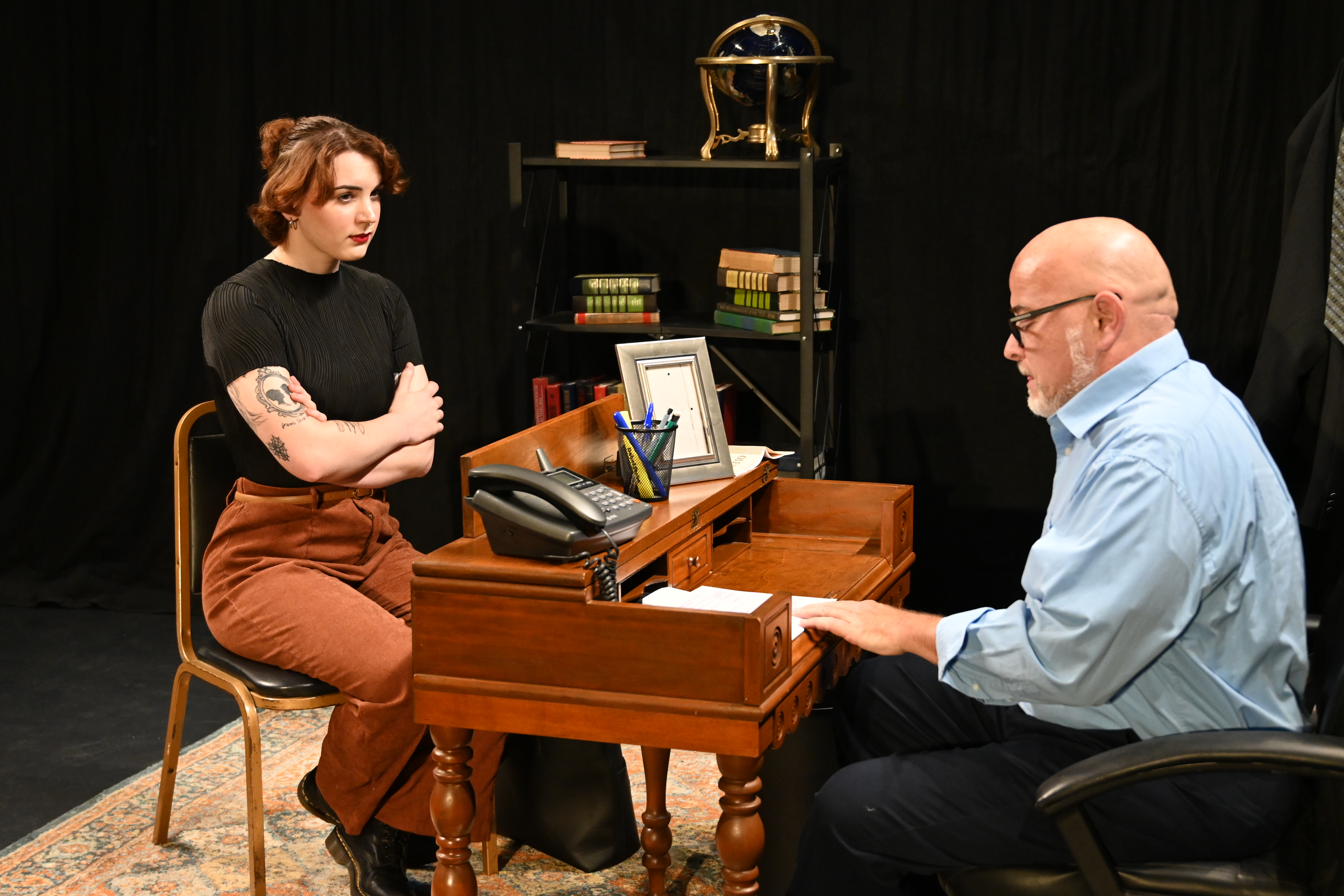 R-ACT''s production of Oleanna by David Mamet runs October 17-19, 2025 at the Segriff Stage in Rochester, PA. (Pictured: Actors Rebecca Radeshak & Dave Joseph)