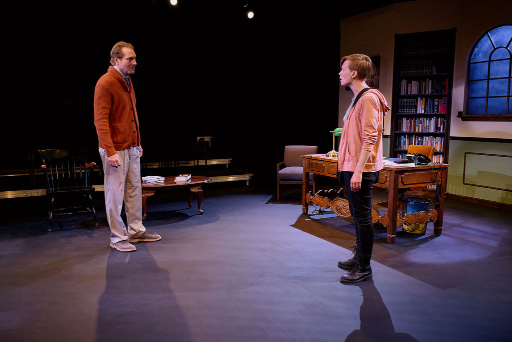 Geoffrey Pomeroy and Emily Rankin in New Mexico Actors Lab production of David Mamet''s OLEANNA, directed by Suzanne Lederer. Photo Credit: Lynn Roylance