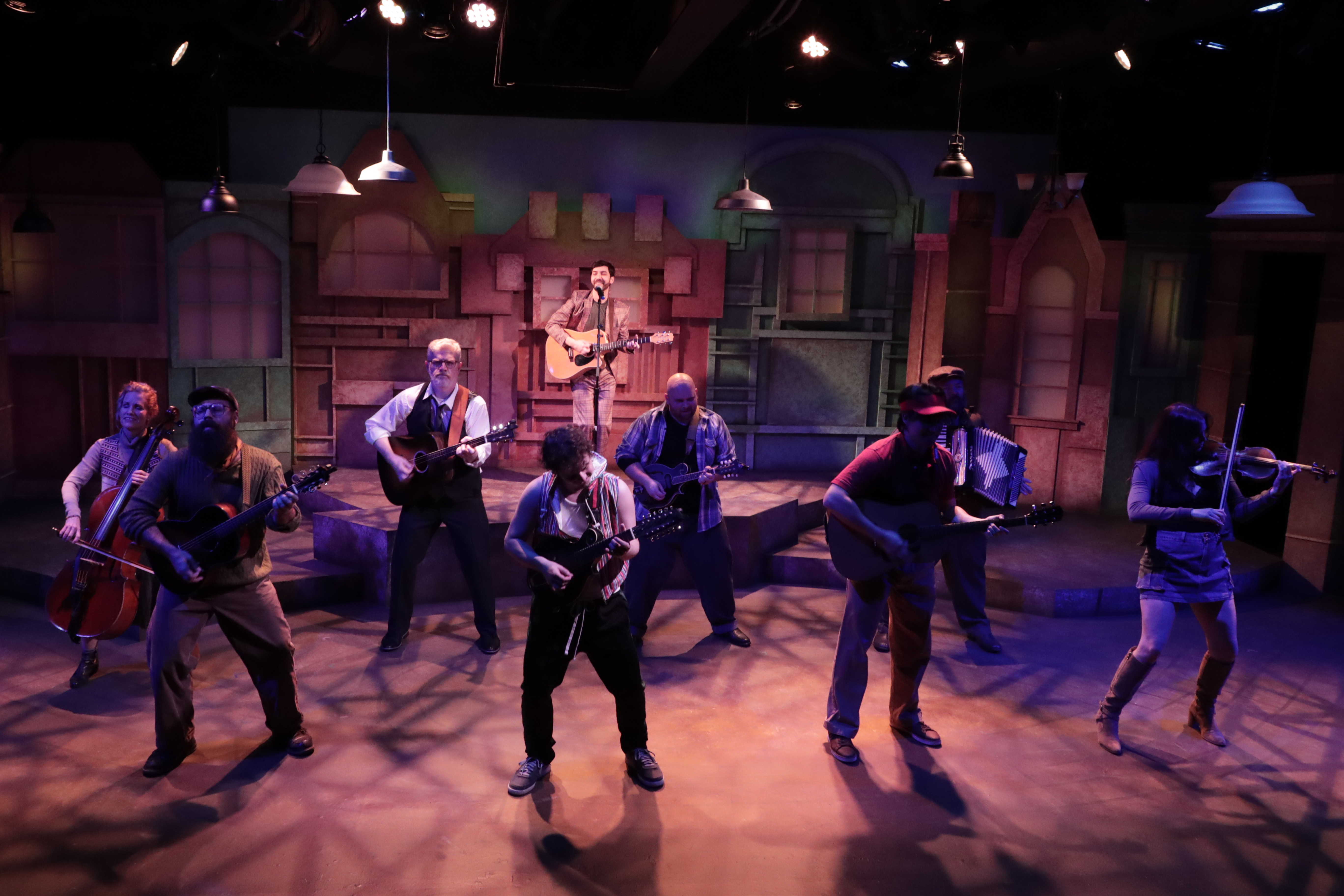 The cast of ?Once? at Chance Theater. Playing January 23 ? March 1, 2026 at the Bette Aitken theater arts Center on the Cripe Stage. Photos by Doug Catiller.