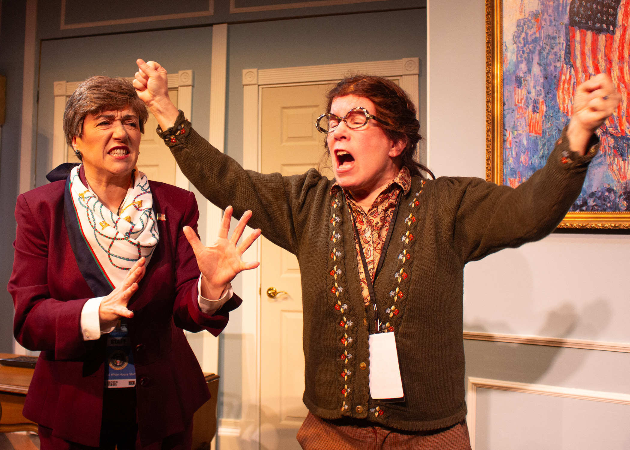 Amanda Bloom (as Harriet) and Meg Sewell (as Stephanie) in POTUS at Elmwood Playhouse