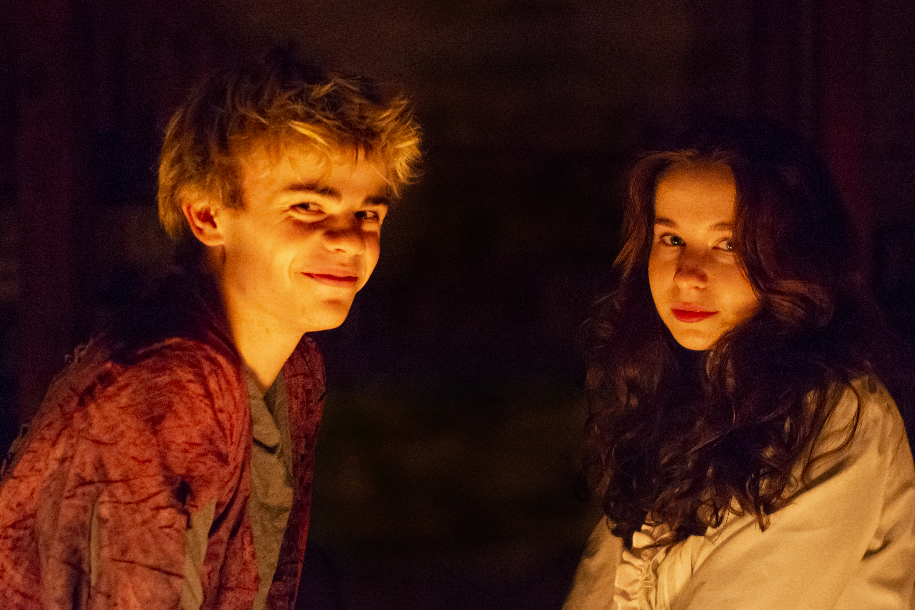 Peter Pan (Rohan Lilien) and Wendy (Sophia Furshpan) meet for the first time.