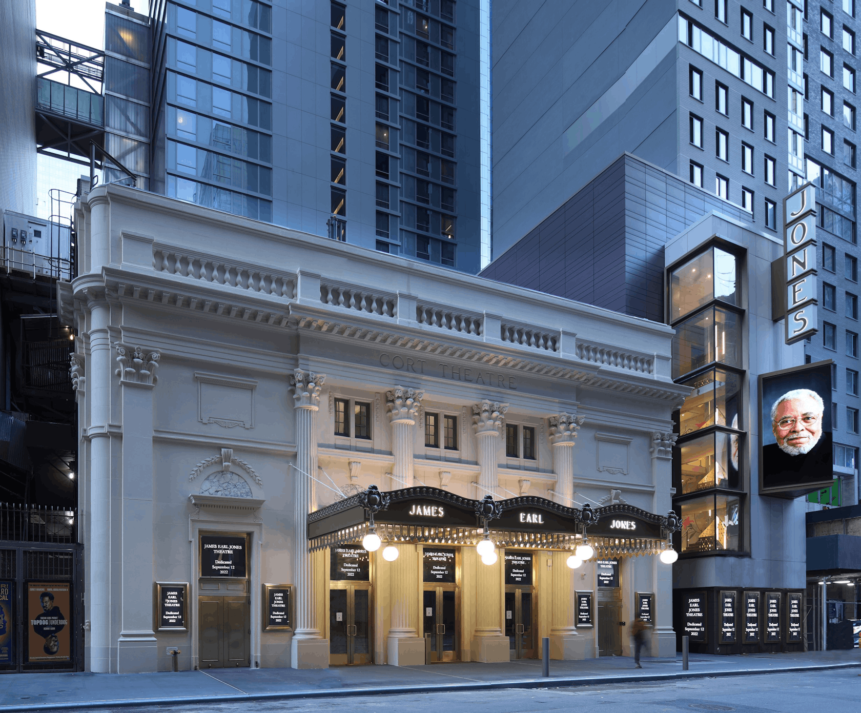 The House of Jones At Twilight: A view of the James Earl Jones Theatre on Broadway in New York as evening arrives along The Great White Way.