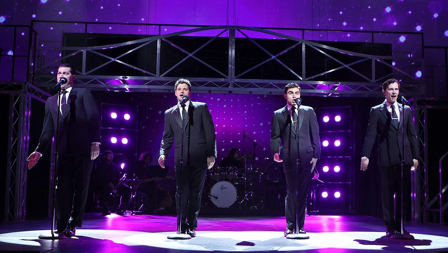 The Four Seasons perform Rag Doll in Beef & Boards Dinner Theatre''s production of Jersey Boys, now on stage through April 13.