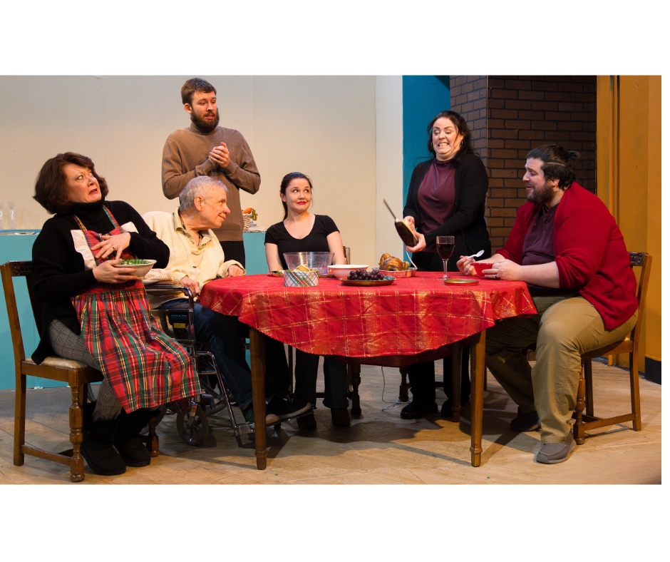 The Family: Seated - Edith (Tracey Wetzstein), Francis (John Larrabee), Carrie (Ashleigh Happer), Adam (Mike Glorioso; Standing - Matthew (Jack Olson), Sheena (Whitney Perish)