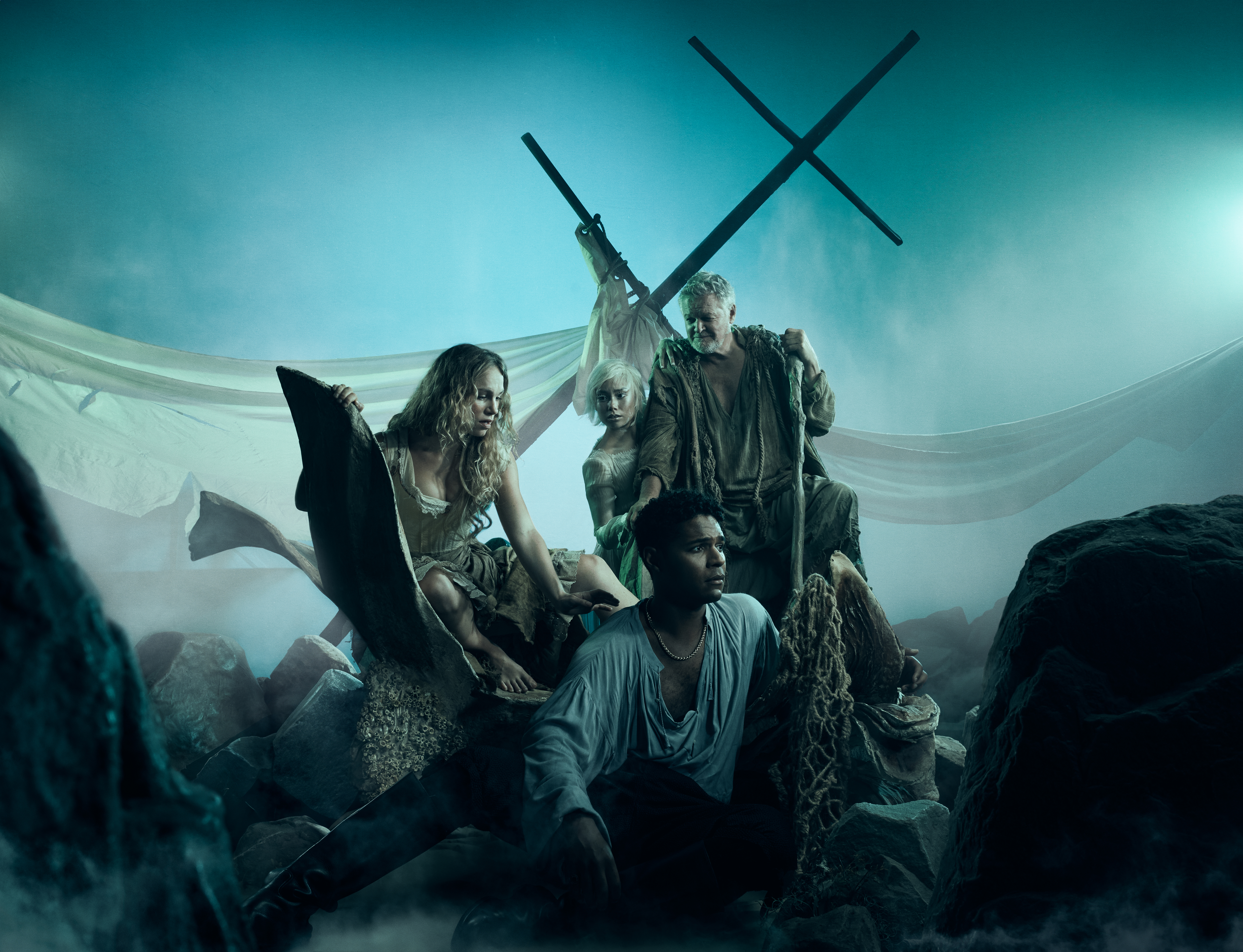 Ashley Dingwell, Marissa Orjalo, Dakota Jamal Wellman and Geraint Wyn Davies, The Tempest. Stratford Festival 2026. Photo: Dariane Sanche.