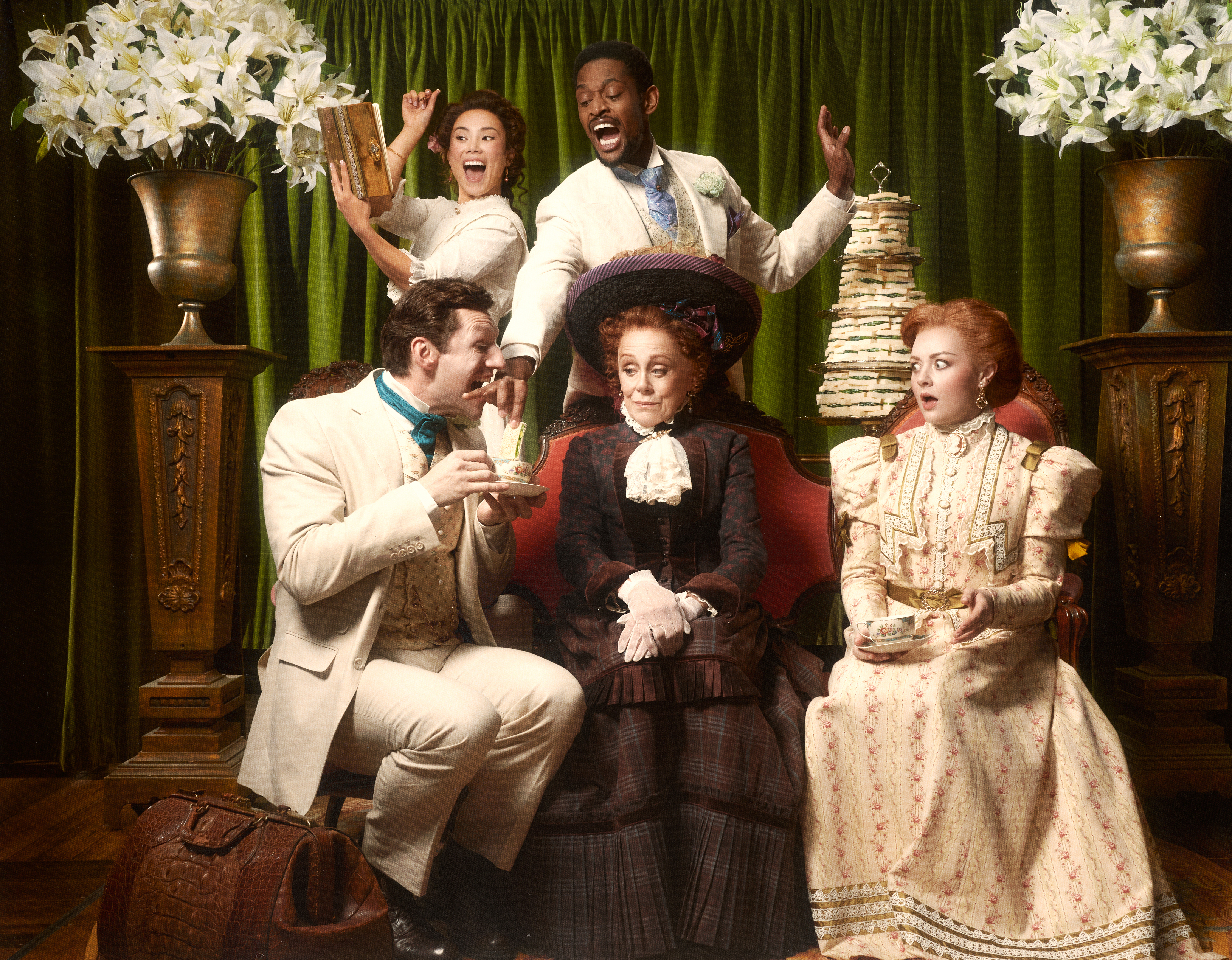 From left: Joe Perry, Marissa Orjalo, Christopher Allen, Fiona Reid and Allison Lynch, The Importance of Being Earnest. Stratford 2026. Photo: Dariane Sanche.