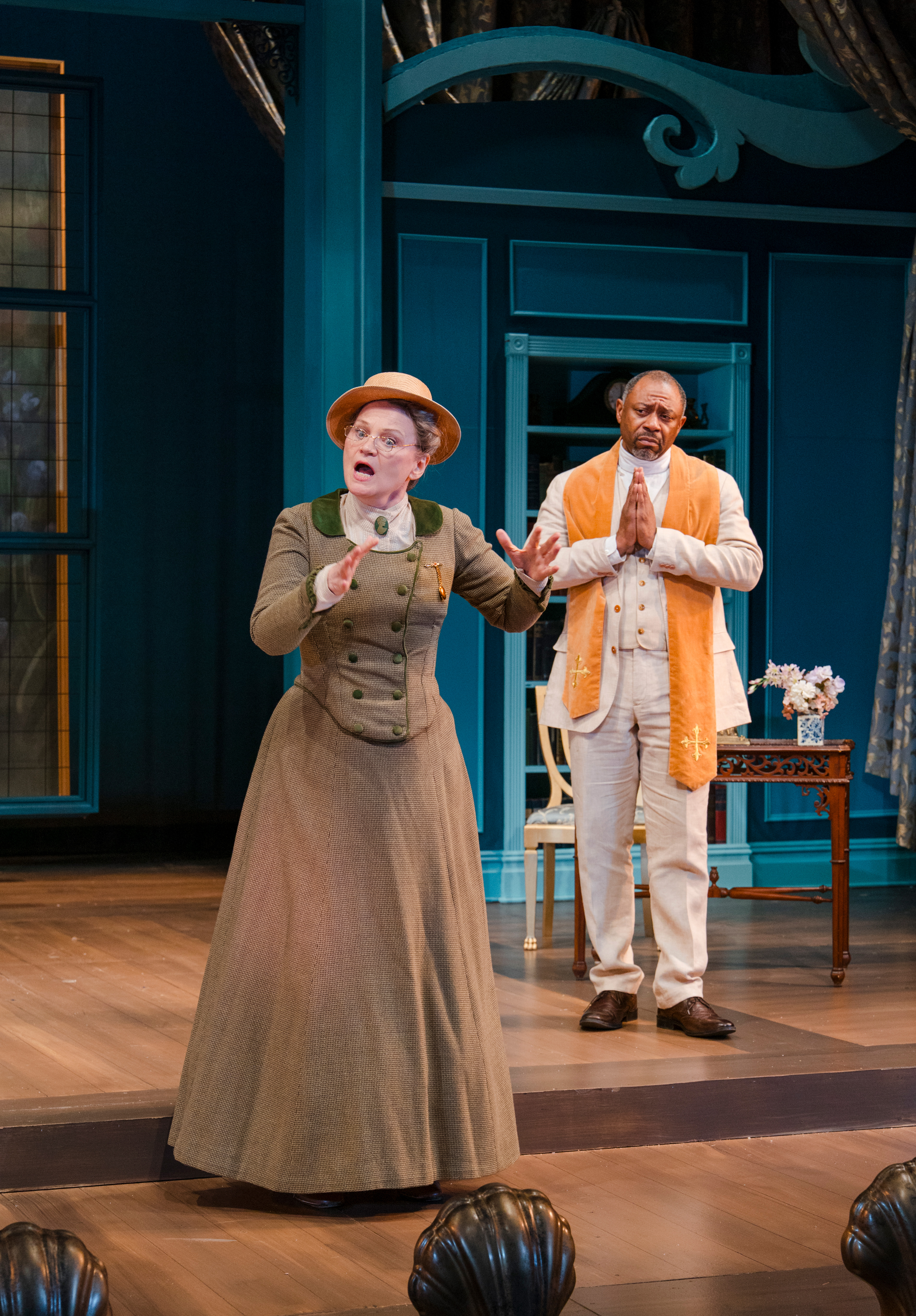 Celia Schaefer as Miss Prism and Alvin Keith as Reverend Chasuble. Photo by Avery Brunkus. Celia Schaefer as Miss Prism and Alvin Keith as Reverend Chasuble. Photo by Avery Brunkus.