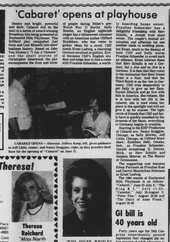 A Notable Kander & Ebb Role: June 1984 Press Story on Darryl Maximilian Robinson in upcoming supporting role of Ernst Ludwig in The Enchanted Hills Playhouse of Syracuse, Indiana revival of Cabaret.