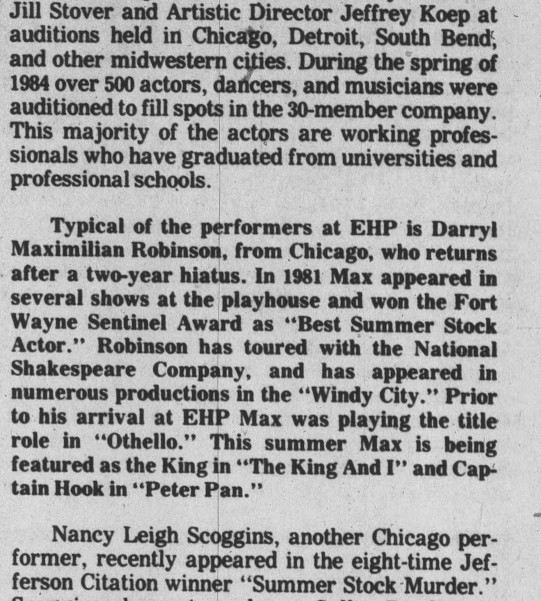 Hooked On A Bit Of Playhouse Press!: Here is a 1984 article in the the Mail-Journal of Syracuse, Indiana discussing Darryl Maximilian Robinson as Captain Hook in Peter Pan at EHP.