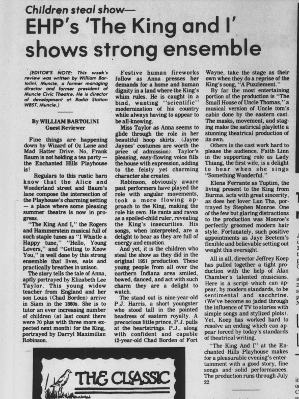 A Strong Review: July 18. 1984 Mail-Journal of Syracuse, Indiana notice of Darryl Maximilian Robinson as The King and Elizabeth Lee Taylor as Mrs. Anna in The King and I at Enchanted Hills Playhouse.