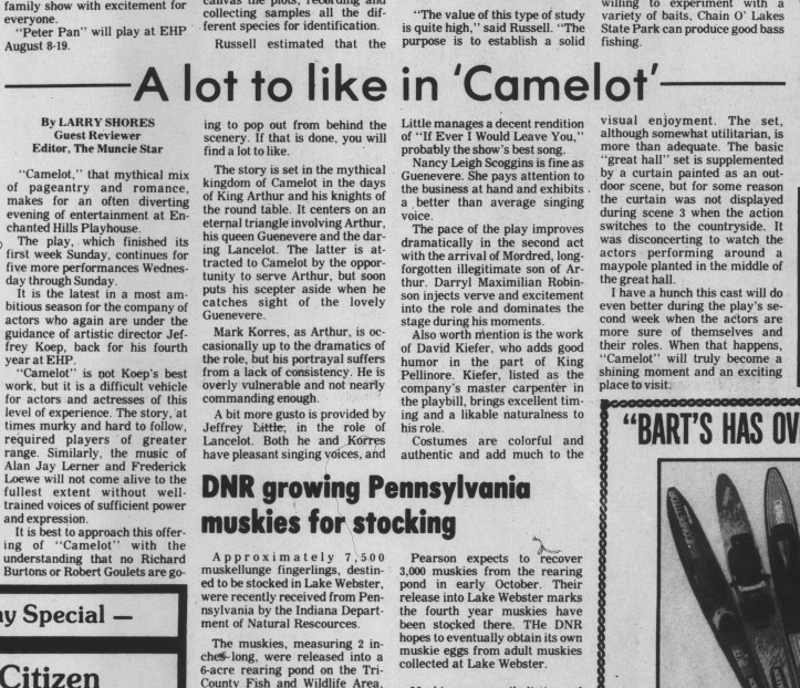 A Likable Review: August 1, 1984 Mail-Journal of Syracuse, Indiana notice of Darryl Maximilian Robinson as Mordred in The Enchanted Hills Playhouse revival of the Lerner and Lowe musical Camelot. 