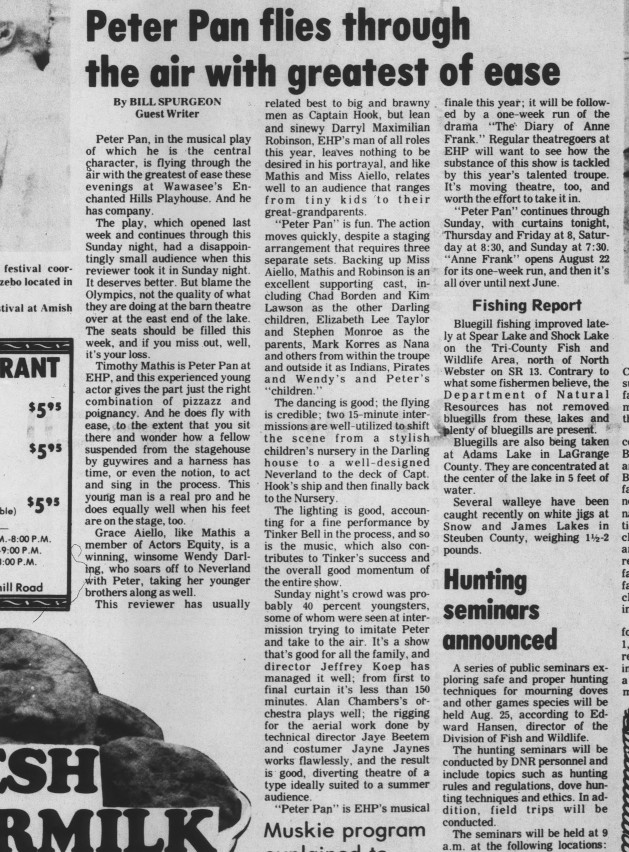 Mr. Robinson Hooks A Good Notice!: Here is an August 15, 1984 theatre review of Darryl Maximilian Robinson as Captain Hook in Peter Pan by reviewer Bill Spurgeon of The Mail-Journal of Syracuse, IN.