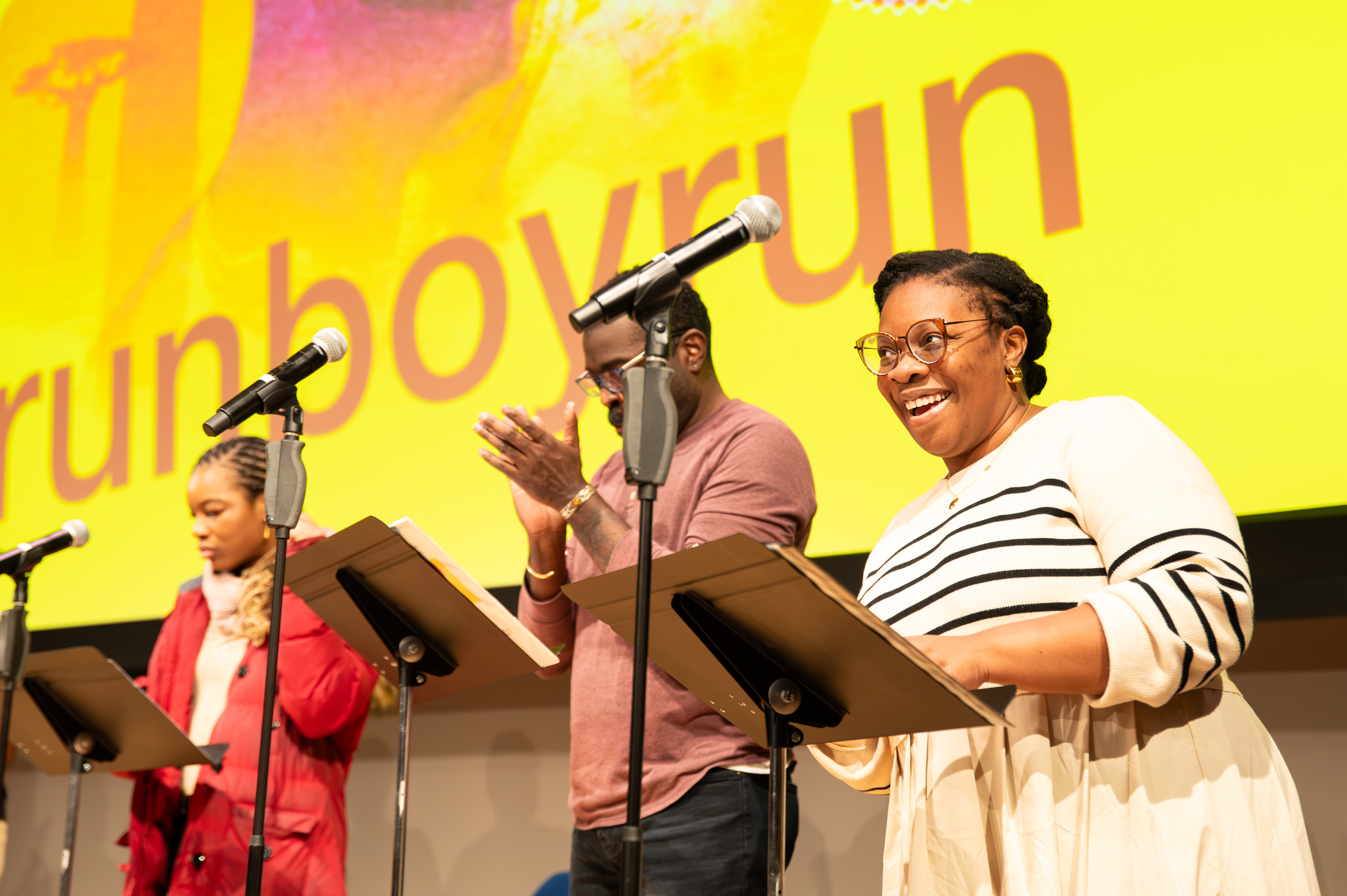 Chibuba Bloom Osuala, Chik  Johnson, and Mfoniso Udofia in runboyrun by Mfoniso Udofia at Rabb Hall, Boston Public Library. Produced in partnership with The Huntington, Boston Public Library, GBH, Nex
