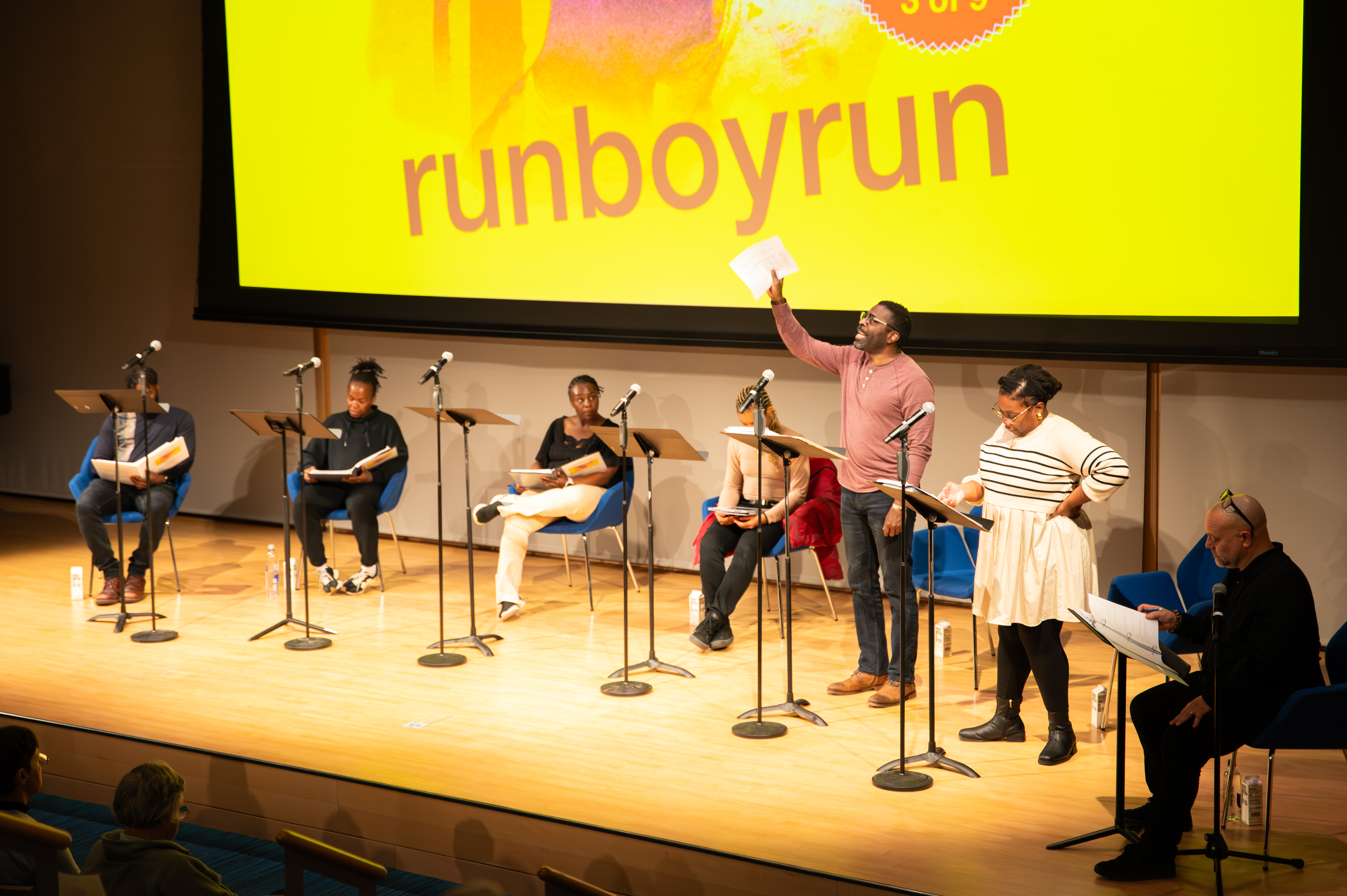 The cast of runboyrun by Mfoniso Udofia at Rabb Hall, Boston Public Library. Produced in partnership with The Huntington, Boston Public Library, GBH, Next Chapter Podcasts. Directed by Christopher V. 