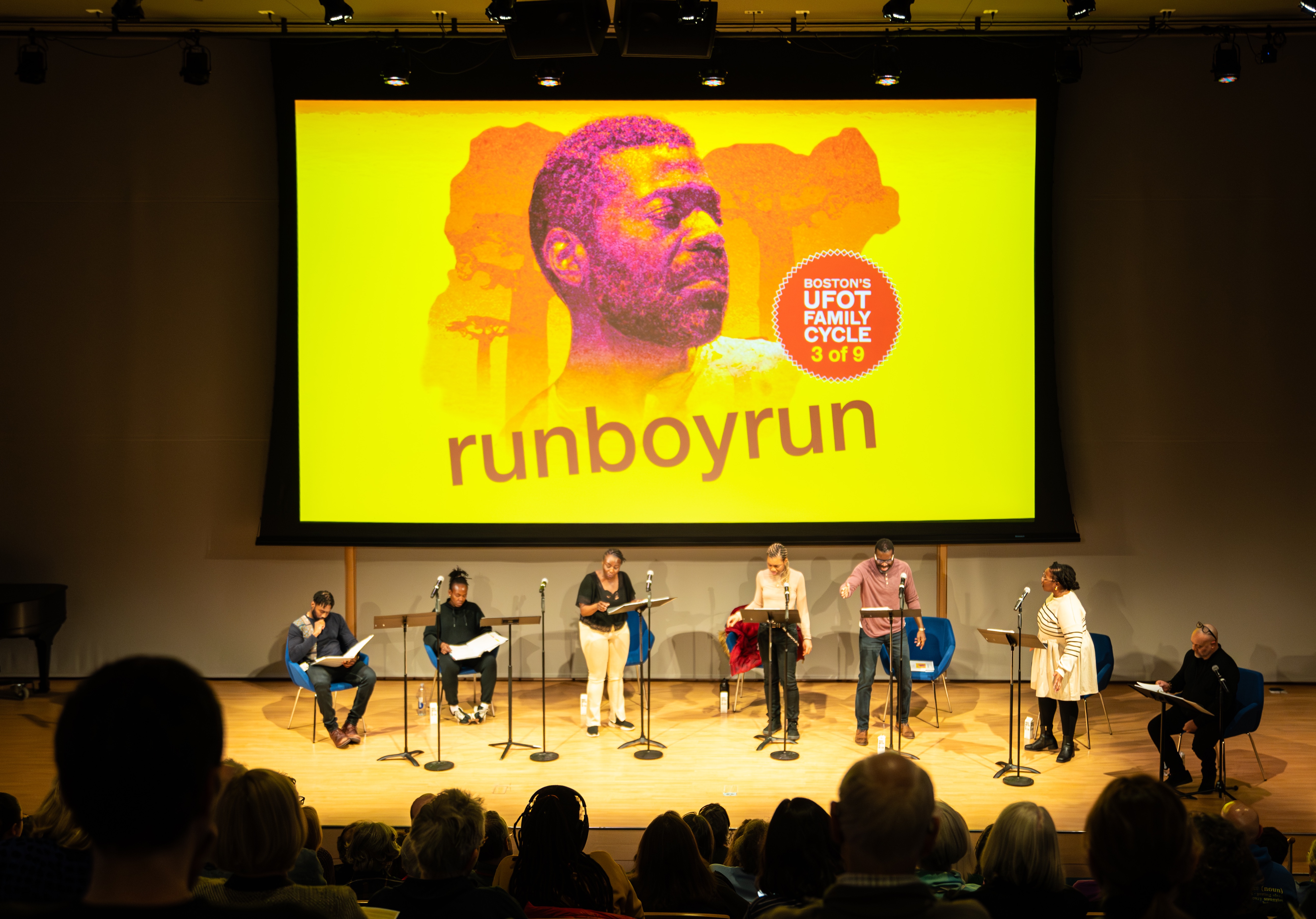 The cast of runboyrun by Mfoniso Udofia at Rabb Hall, Boston Public Library. Produced in partnership with The Huntington, Boston Public Library, GBH, Next Chapter Podcasts. Directed by Christopher V. 