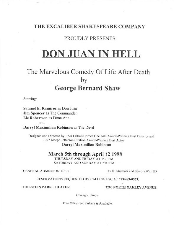 Shaw Staging: Showcard for the 1998 Excaliber Shakespeare Company of Chicago multiracial cast revival of Don Juan In Hell by George Bernard Shaw directed by Darryl Maximilian Robinson at Holstein Park