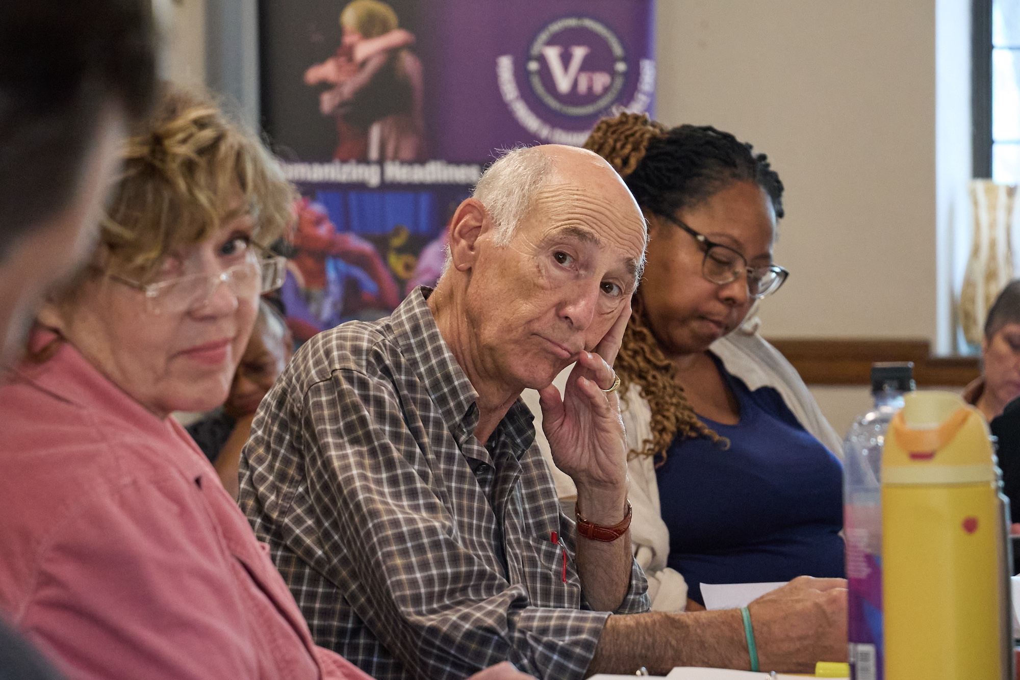 First rehearsal of November 4. Pictured from left: Nicole Halmos (Leah, Rabin''s wife); Mitch Greenberg (Yitzhak Rabin); A. Lorraine Robinson (VFP Artistic Producing Partner). Photo by Peggy Ryan First rehearsal of November 4. Pictured from left: Nicole Halmos (Leah, Rabin''s wife); Mitch Greenberg (Yitzhak Rabin); A. Lorraine Robinson (VFP Artistic Producing Partner). Photo by Peggy Ryan