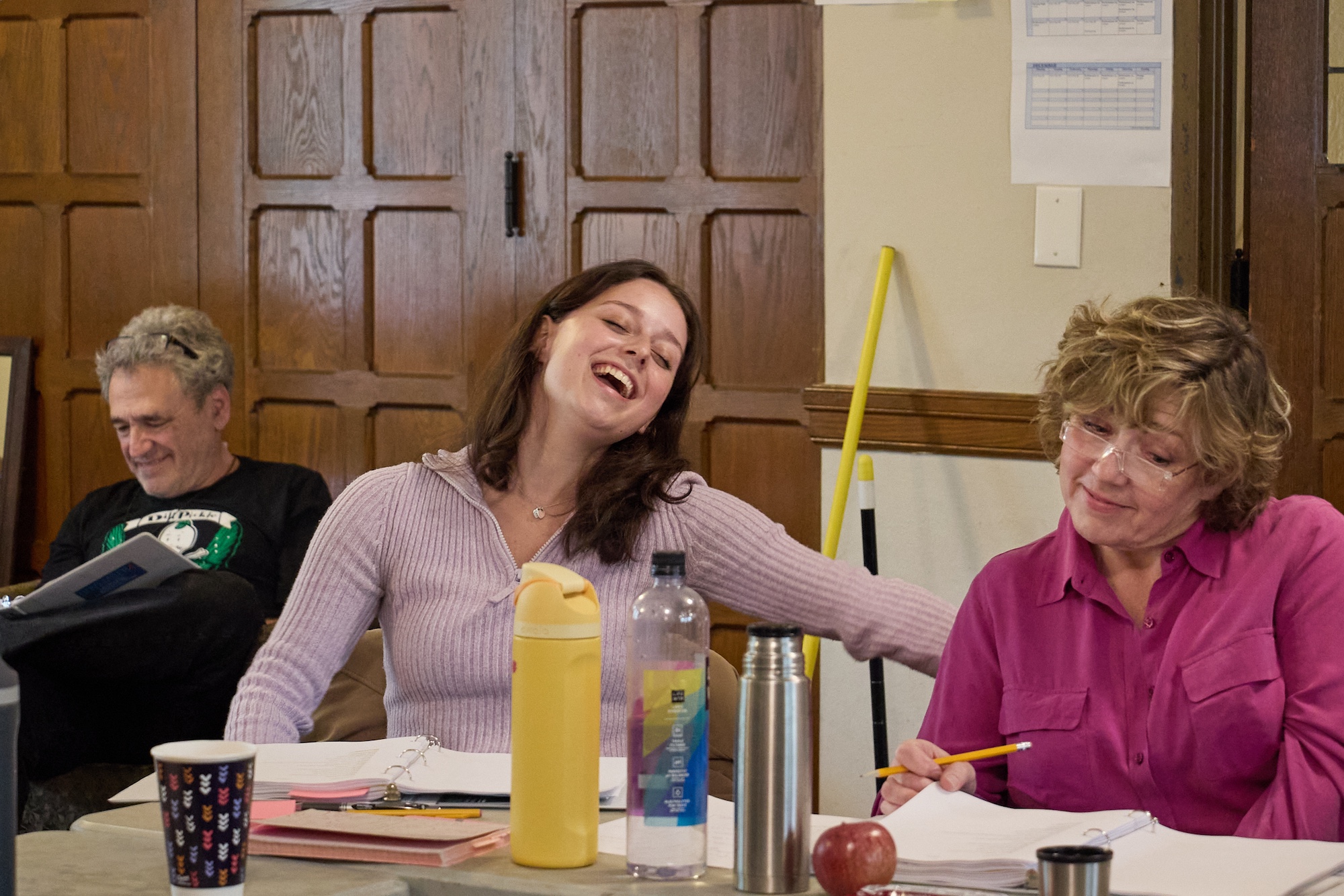 First rehearsal of November 4. Pictured from left: Ash Ivey (Swing); Emma Wallach (Noa, Rabin''s granddaughter); Nicole Halmos (Leah, Rabin''s wife). Photo by Peggy Ryan First rehearsal of November 4. Pictured from left: Ash Ivey (Swing); Emma Wallach (Noa, Rabin''s granddaughter); Nicole Halmos (Leah, Rabin''s wife). Photo by Peggy Ryan