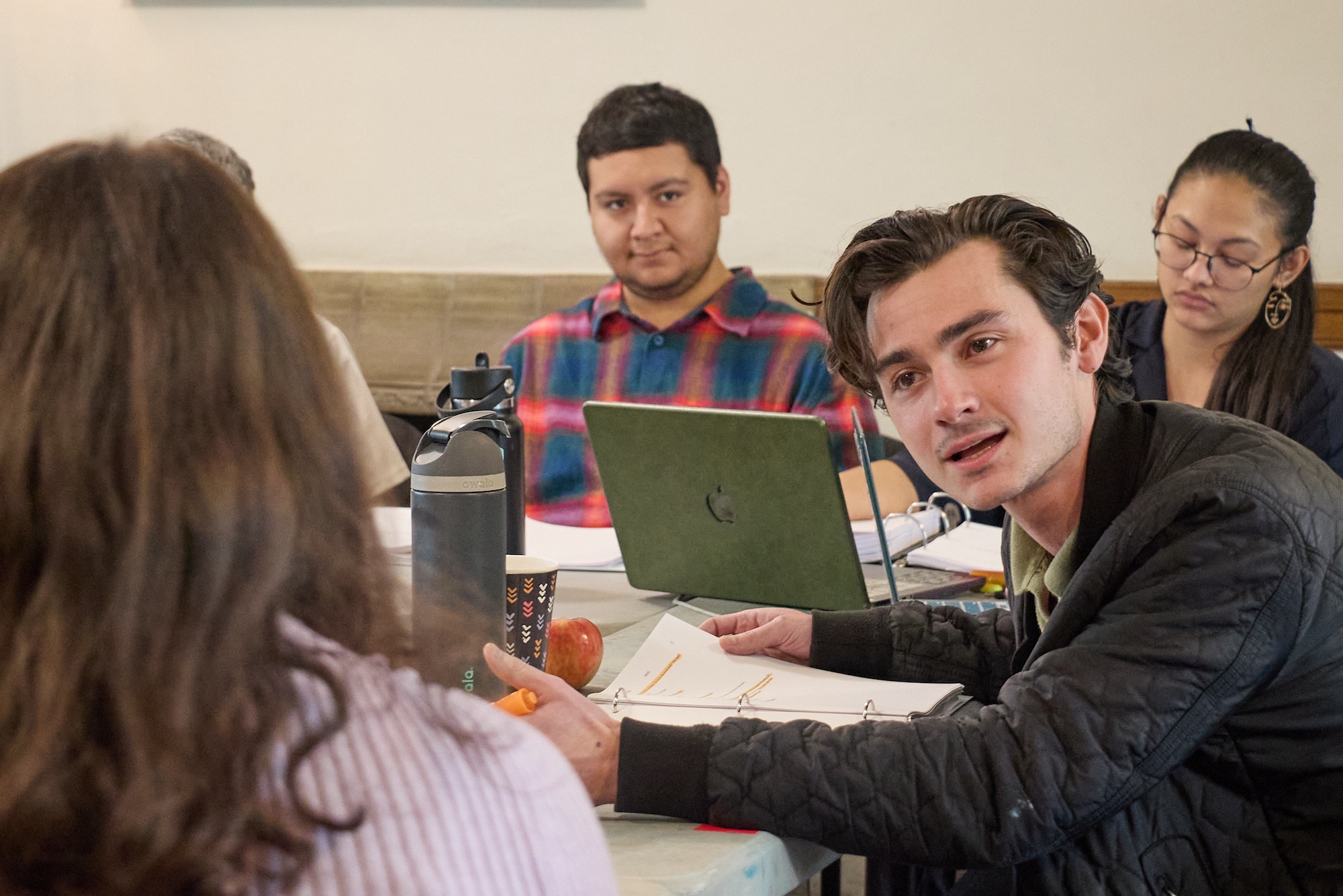 First rehearsal of November 4. Pictured from left: Enrique Vargas (Assistant Director); Noah Mutterperl (Yigal Amir); Maria Mills (Production Stage Manager). Photo by Peggy Ryan First rehearsal of November 4. Pictured from left: Enrique Vargas (Assistant Director); Noah Mutterperl (Yigal Amir); Maria Mills (Production Stage Manager). Photo by Peggy Ryan