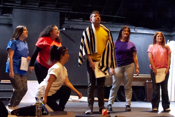 Left to right: Laura Majidian (Lucy), Eliana Russotti (Linus), Amanda Friedman (Snoopy), Rob Bassett (Charlie Brown), Jami Valzania (Schroeder), and Bella Delgado (Sally) rehearse a scene from You''re 