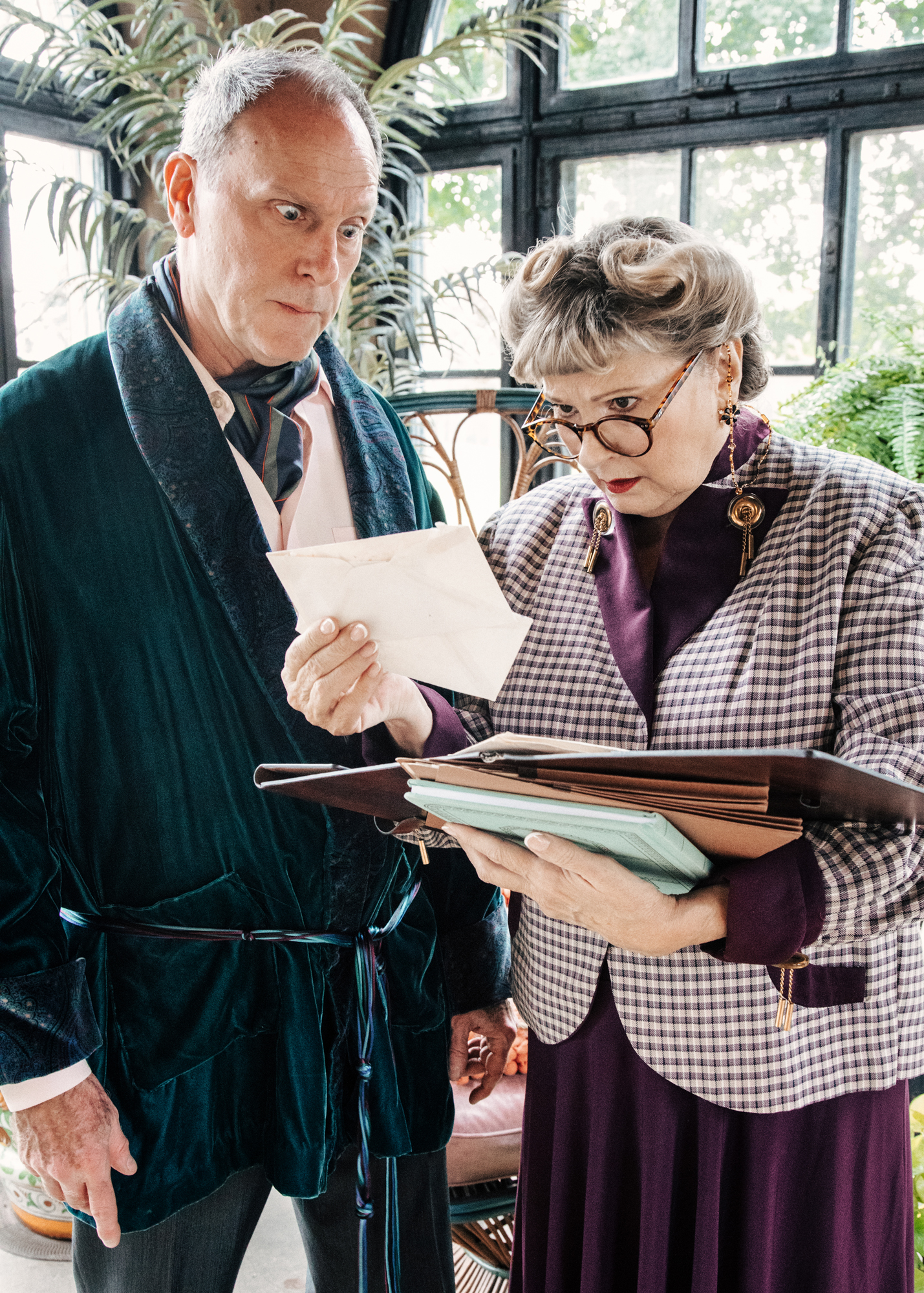 Self-obsessed actor Kerry Milliron (Birmingham) is confronted by his long-suffering assistant, played by Sue Chekaway of Bloomfield Hills, in Noel Coward?s Present Laughter at Birmingham Village Playe