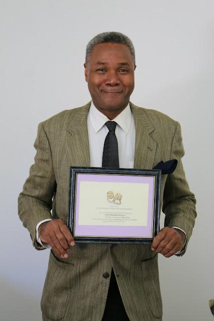 Top LA Acting Honor Displayed: Darryl Maximilian Robinson presents his 2015 / 2016 Los Angeles Elate Season Ticket Holder Best Actor Award nomination for his role of Ernest in Impromptu by Tad Mosel. 