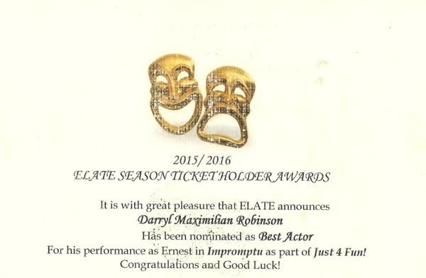Mr. Robinson Earns His 1st West Coast Best Actor Nod: Here is the 2015 / 2016 Los Angeles Elate Season Ticket Holder Best Actor Award nomination to Darryl Maximilian Robinson for his role in Impromptu