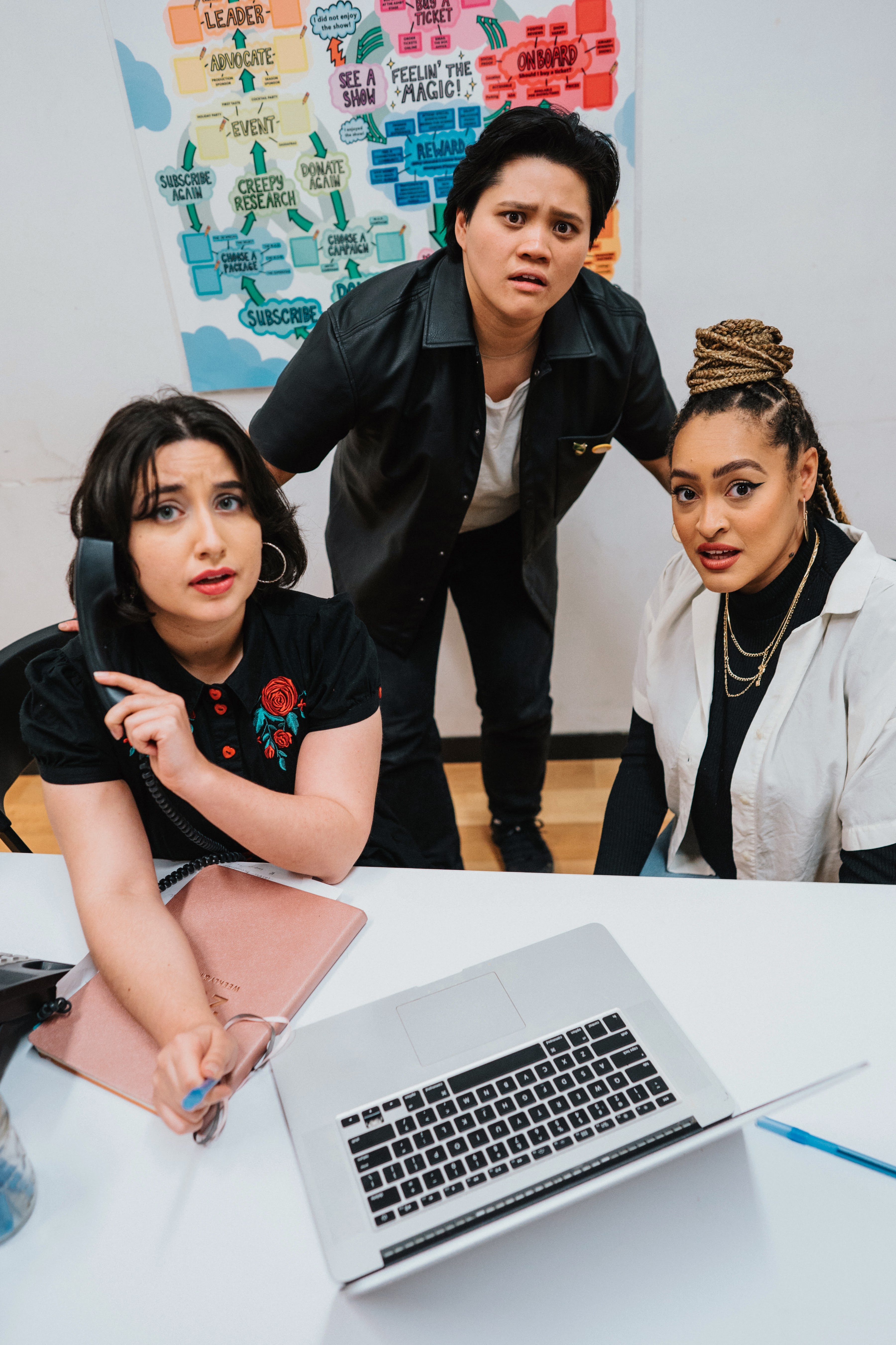 linda maria gir n, Austine De Los Santos, and Storm White play the Box Office Staff in Jonathan Spector''s new play ''Best Available'' at Shotgun Players in May and June 2024. Photo by Robbie Sweeny.