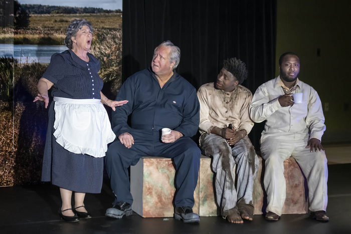 Carol DeVelice, Mark Nuismer, DeAnthony Mays, and JaVonte Gowdy in The Diviners at Shelton State Community College. 1