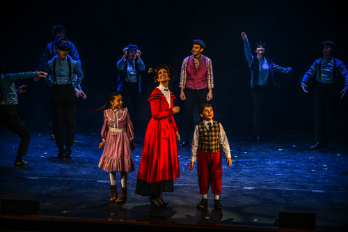 (Left to right) Victoria Vasquez (front), April Strelinger (back), Nate Colton, (front) Matthew Korinko (back), Melissa Whitworth (flying) in Slow Burn Theater Company?s MARY POPPINS 2