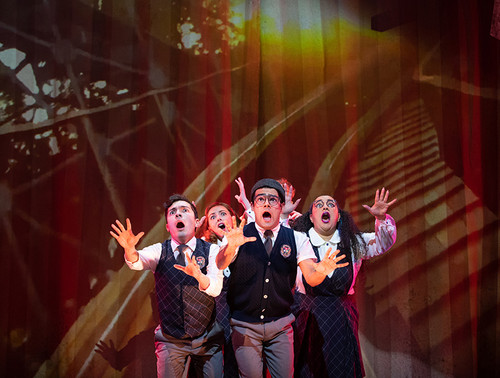 (l to r) Gabrielle Dominique (Constance Blackwood), Matthew Boyd Snyder (Ricky Potts), Shinah Hey (Ocean O’Connell Rosenberg), Nick Martinez (Noel Gruber), Eli Mayer (Mischa Bachinski), and Marc Geller (The Amazing Karnak) in Ride the Cyclone running January 13 through February 19 at Arena Stage at the Mead Center for American Theater. Photo by Margot Schulman. 3