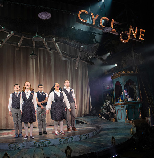 (l to r) Gabrielle Dominique (Constance Blackwood), Matthew Boyd Snyder (Ricky Potts), Shinah Hey (Ocean O’Connell Rosenberg), Nick Martinez (Noel Gruber), Eli Mayer (Mischa Bachinski), and Marc Geller (The Amazing Karnak) in Ride the Cyclone running January 13 through February 19 at Arena Stage at the Mead Center for American Theater. Photo by Margot Schulman. 4