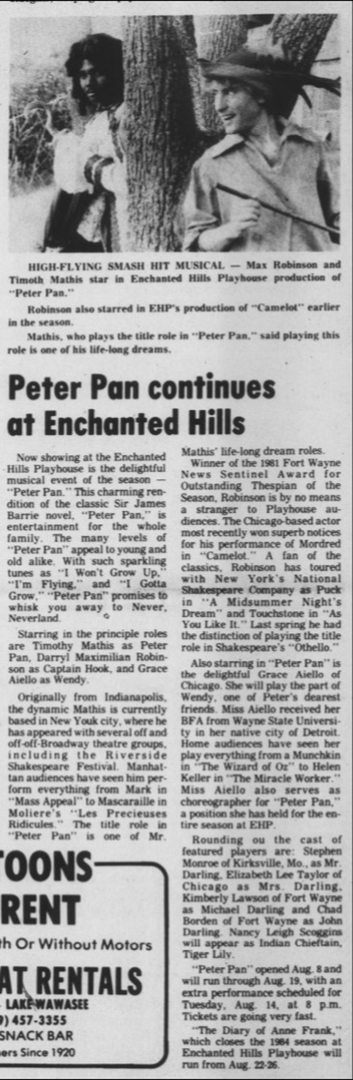 Yes, He Was Mrs. Hooks Little Baby Boy: Darryl Maximilian Robinson, winner of the 1981 Fort Wayne News-Sentinel Reviewers Recognition Award as Outstanding Thespian of The Season, played Captain Hook! 3