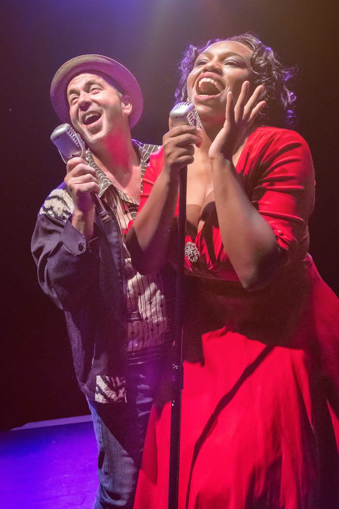 Charnell Williams (Felicia) breaks up an argument between her brother played by Chaz Cunningham (left) and Huey, the man she loves, played by Dan Clair (right) in Memphis the Musical opening September 2