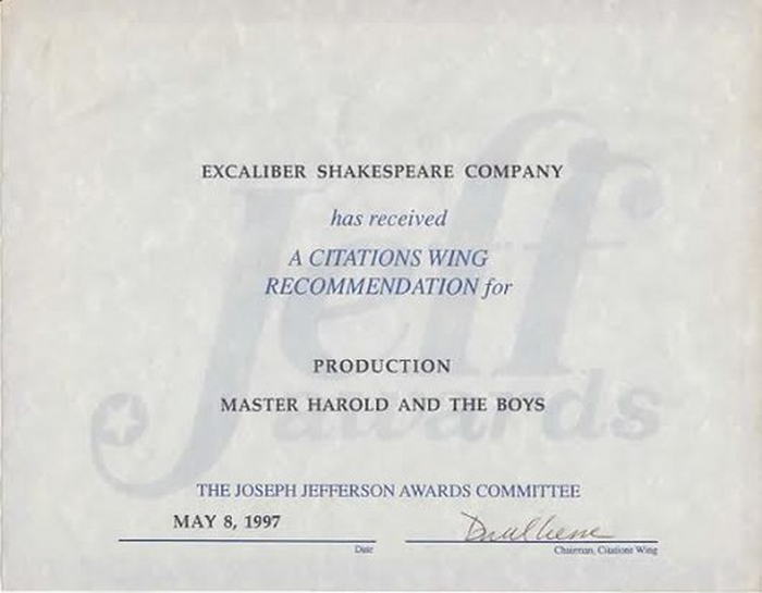 Excaliber Shakespeare Company of Chicago and Excaliber Shakespeare Company Los Angeles Archival Project Founder Darryl Maximilian Robinson won a 1997 Jeff Award as Outstanding Actor. 16