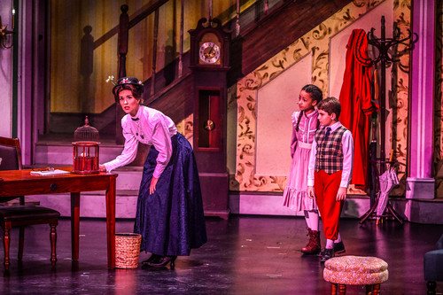 (Left to right) Victoria Vasquez (front), April Strelinger (back), Nate Colton, (front) Matthew Korinko (back), Melissa Whitworth (flying) in Slow Burn Theater Company?s MARY POPPINS 4