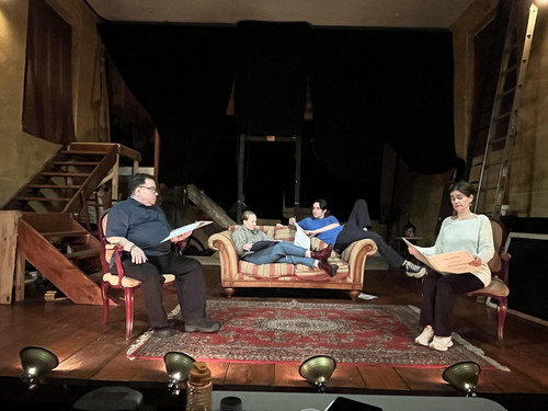Dayna Michelle Kurtz as Judith, Niccolò Walsh as Simon, Jocelyn Weisman as Sorel, and Andrew Spiker as David set the stage at Trinity Theatre. 1