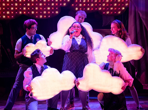 (l to r) Gabrielle Dominique (Constance Blackwood), Matthew Boyd Snyder (Ricky Potts), Shinah Hey (Ocean O’Connell Rosenberg), Nick Martinez (Noel Gruber), Eli Mayer (Mischa Bachinski), and Marc Geller (The Amazing Karnak) in Ride the Cyclone running January 13 through February 19 at Arena Stage at the Mead Center for American Theater. Photo by Margot Schulman. 16