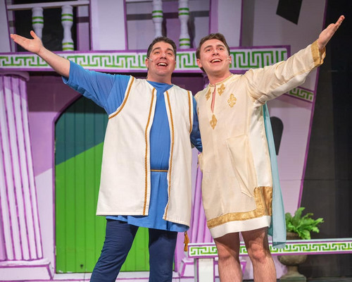 Adam Estep who portrays Pseudolus and Joshua Heck who portrays Hero in A Funny Thing Happened on the Way to the Forum at Lebanon Community Theatre. (Photo by Marc Faubel) 1