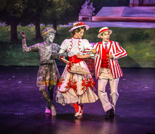 (Left to right) Victoria Vasquez (front), April Strelinger (back), Nate Colton, (front) Matthew Korinko (back), Melissa Whitworth (flying) in Slow Burn Theater Company?s MARY POPPINS 14