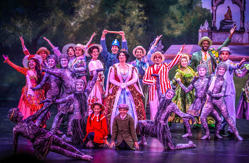 (Left to right) Victoria Vasquez (front), April Strelinger (back), Nate Colton, (front) Matthew Korinko (back), Melissa Whitworth (flying) in Slow Burn Theater Company?s MARY POPPINS 6