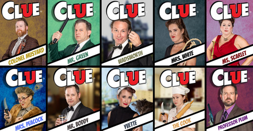 The cast of Cary Players' Clue: On Stage, presented as traditional cards from the board game. 1
