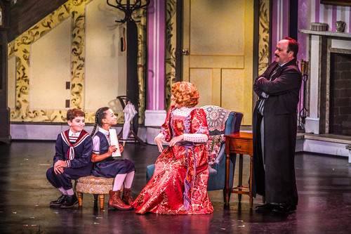 (Left to right) Victoria Vasquez (front), April Strelinger (back), Nate Colton, (front) Matthew Korinko (back), Melissa Whitworth (flying) in Slow Burn Theater Company?s MARY POPPINS 9