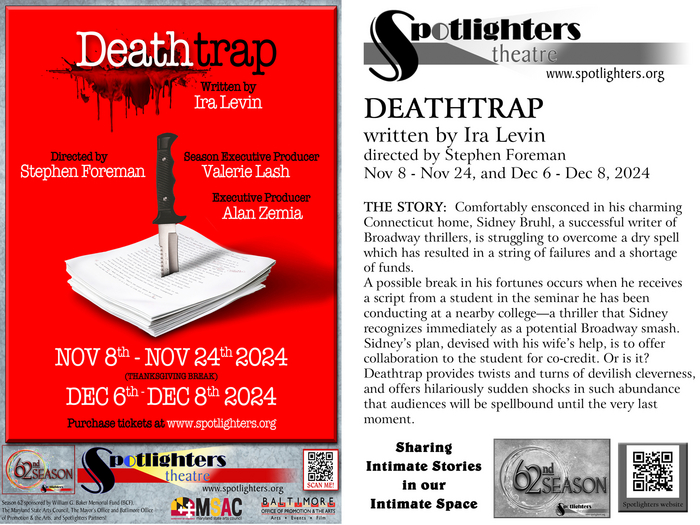 DEATHTRAP by Ira Levin, directed by Stephen Foreman, opens Nov 8, 2024 at Spotlighters Theatre. https://www.spotlighters.org/deathtrap 3